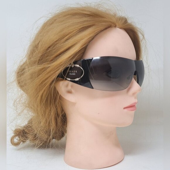 Prada Sunglasses Shield Rimless Oversized Wrap Tinted Black Logo Y2K SPR 16H - Picture 4 of 16